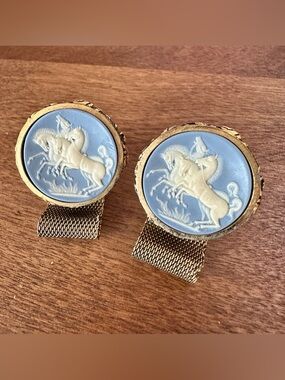 Mid-Century Gold Wedgwood Cameo Style Incolay "Wild Horses" Cufflinks By, Dante